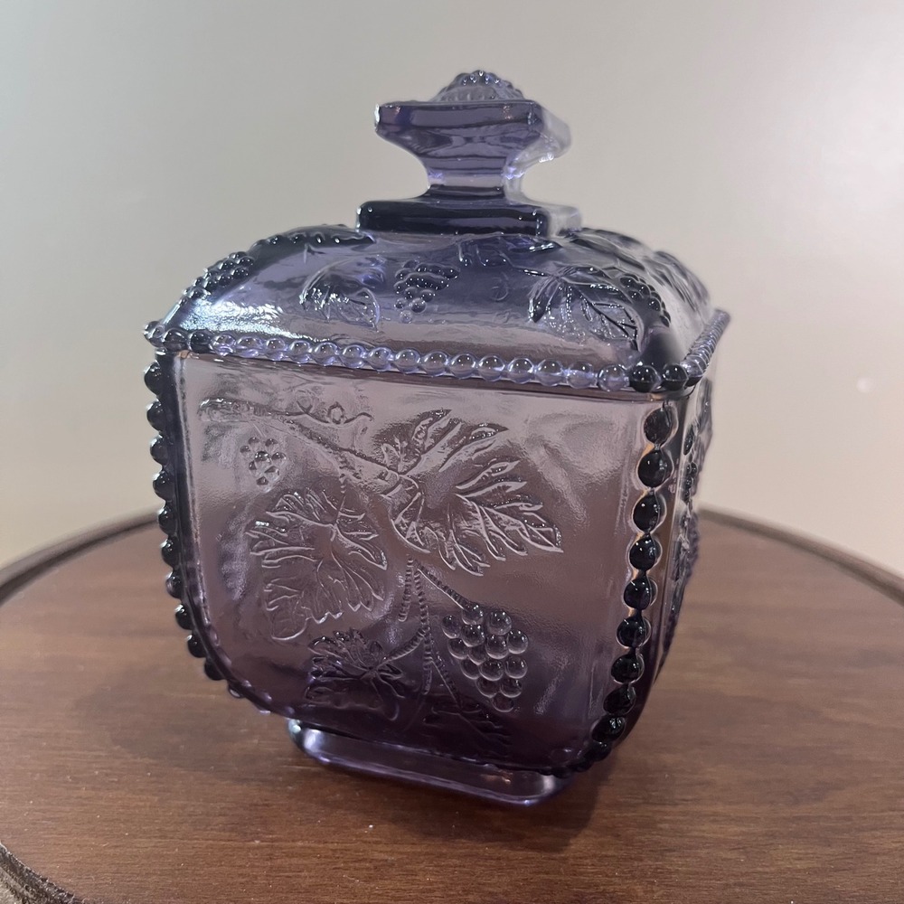 Vtg Fenton Purple Pressed Glass Grape Leaf Square Lidded Jar Beaded Candy Dish